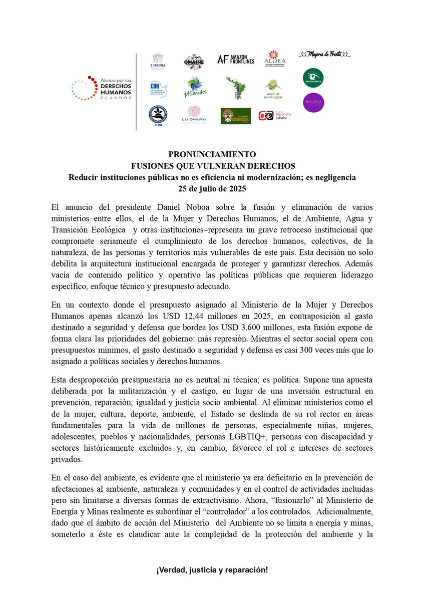 DDHH_Alianza's tweet photo. 🚨 La fusión/desaparición de instituciones—incl. ministerios—es retroceso y compromete el cumplimiento de ddhh, colectivos y de la naturaleza. Vulnera más a personas, comunidades y territorios ya afectadas.

#DefiendoDerechosDefiendoLaVida
#MujeresContraElAjuste
#LeydeIntegridad https://t.co/TdwXEQwIW8