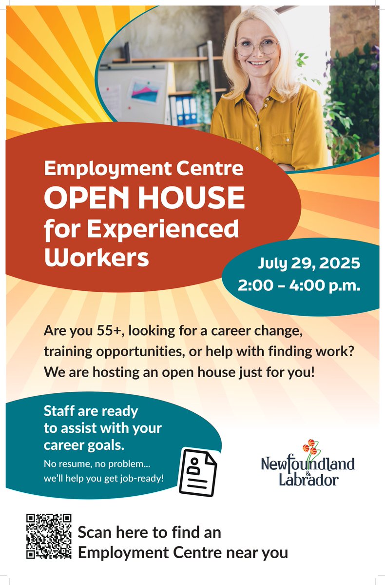 IPGS_GovNL's tweet image. 📢 Are you 55+ and exploring new employment or training opportunities?
Join us for an Open House for Experienced Workers on Tuesday, July 29 from 2-4 p.m. at any of NL's 19 Employment Centres.
📍 Find an Employment Centre near you: gov.nl.ca/ipgs/departmen…