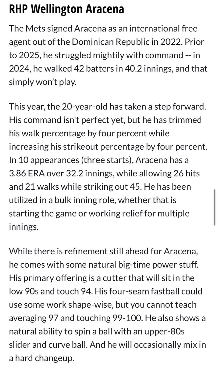PSLToFlushing's tweet image. The Mets have traded RHP’s Wellington Aracena and Cameron Foster for LHP Gregory Soto per @martinonyc
Soto is perfect for what the Mets need. A second lefty with big swing & miss stuff
Aracena was a prospect I highlighted in June with good stuff. A good flier for BAL