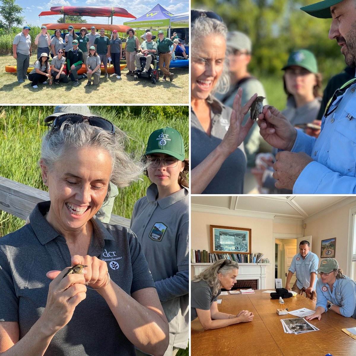 MassDCR's tweet image. Thursday marked four days on the job for Commissioner LaChapelle as she got up close and personal with some of our conservation work by helping tag salt marsh sparrows at Belle Isle Marsh in East Boston as well as checking out our Universal Access Program’s kayaking program.
