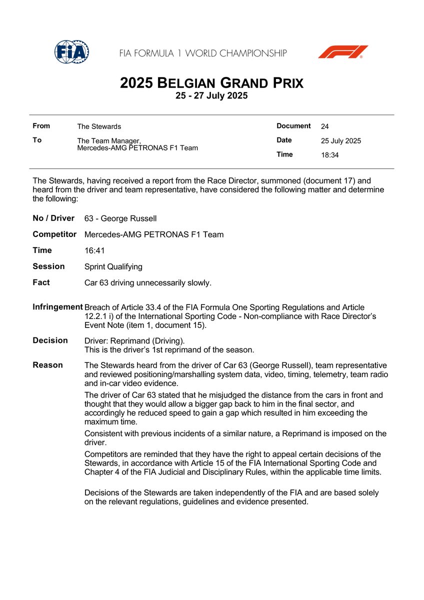 AlertaF1's tweet image. Las investigaciones sobre Yuki Tsunoda y George Russell por circular innecesariamente lento durante la Q2 de la Clasificación Sprint, terminaron en una simple reprimenda.
Mañana arrancan en 12 y 13.