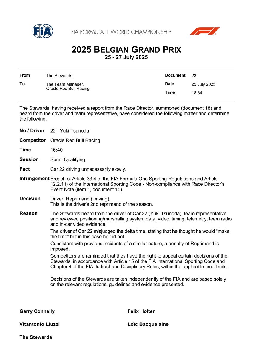 AlertaF1's tweet image. Las investigaciones sobre Yuki Tsunoda y George Russell por circular innecesariamente lento durante la Q2 de la Clasificación Sprint, terminaron en una simple reprimenda.
Mañana arrancan en 12 y 13.