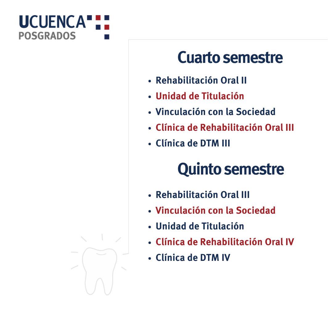 Posgrados UCuenca (@posgradosucue) on Twitter photo 🎓 Conoce la malla curricular de la Especialización en Rehabilitación Oral y Prótesis Implantoasistida ¡Convocatoria abierta hasta el 30 de junio!🔬 
🕒 Horario de clases:
▫️ Lunes a viernes: 07h00 a 19h00
▫️ Sábados: 08h00 a 13h00
Inscripciones aquí ➡ ucuenca.edu.ec/posgrado/espec… 🎓 Conoce la malla curricular de la Especialización en Rehabilitación Oral y Prótesis Implantoasistida ¡Convocatoria abierta hasta el 30 de junio!🔬 
🕒 Horario de clases:
▫️ Lunes a viernes: 07h00 a 19h00
▫️ Sábados: 08h00 a 13h00
Inscripciones aquí ➡ ucuenca.edu.ec/posgrado/espec…