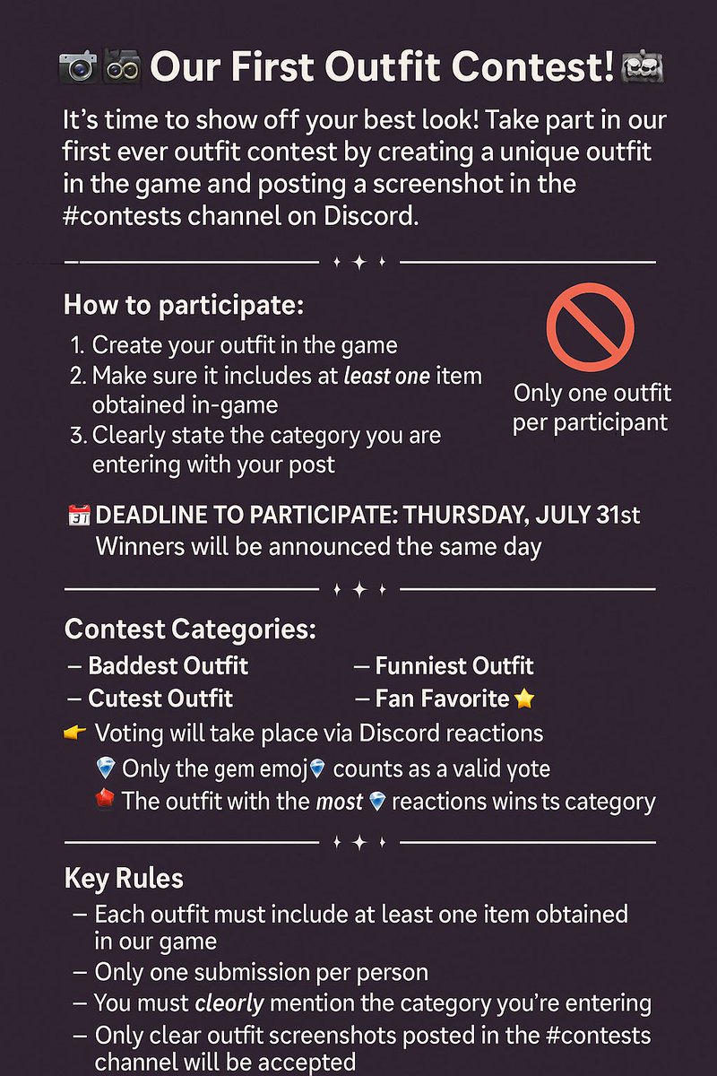 🎁 Want to win a FREE UGC?
Join our outfit contest on Discord! 🎽👑
All the info is in this image — don’t miss it! discord.gg/DNXH98dpW5  #UGC #ROBLOX #contest