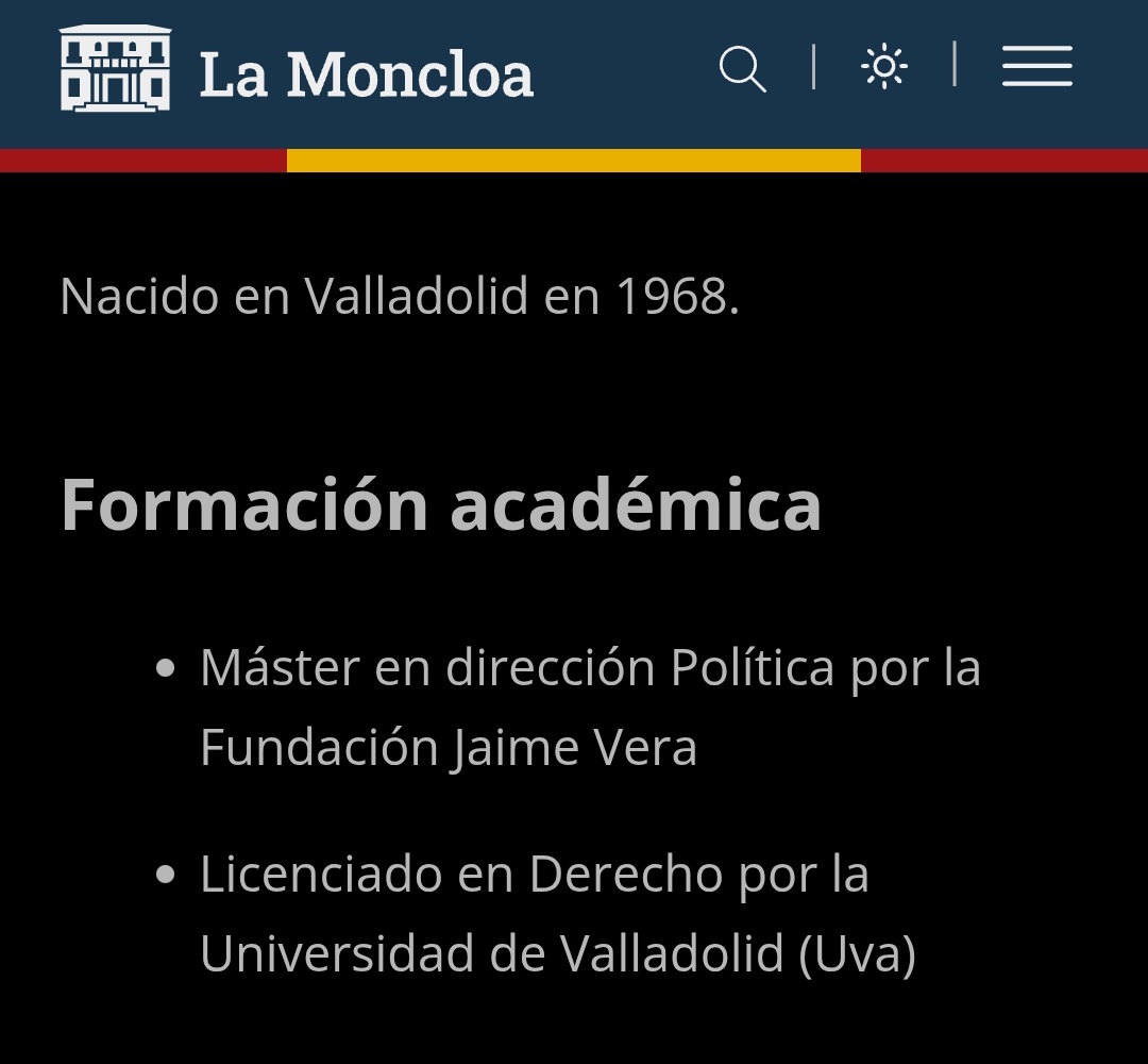 Vamos a ver, que Óscar Puente dice en la web de Moncloa tener un máster en dirección política. 

¿Lo tiene? Vamos a verlo 🧵