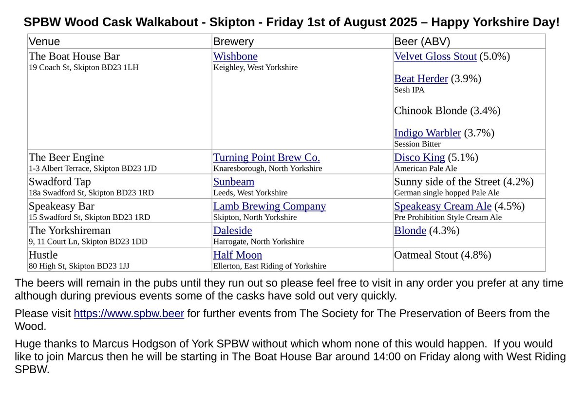 map/info wood cask🍺 Fri 1/8 Yorkshire Day all folk welcome, looking forward to friends old &amp; new 🍻<a href="/keighleycamra/">KeighleyCravenCamra</a> <a href="/SPBWWestRiding/">SPBW_WESTRIDING</a> <a href="/MancSpbw/">SPBW_GRT_MANC</a> <a href="/SpbwUk/">SPBW UK</a> <a href="/Boat_House_Bar/">The Boat House Bar - Skipton</a> <a href="/beerengineco/">The Beer Engine</a> #Yorkshireman #Speakeasy #SwadfordTap #HustleBar <a href="/RoamingRidings/">Roaming the Ridings - A Yorkshire Pub Guide</a> <a href="/LeedsCAMRA/">Leeds CAMRA</a> <a href="/BfdCamra/">Bradford Camra</a> <a href="/hxcamra/">Hx& Calderdale CAMRA</a>