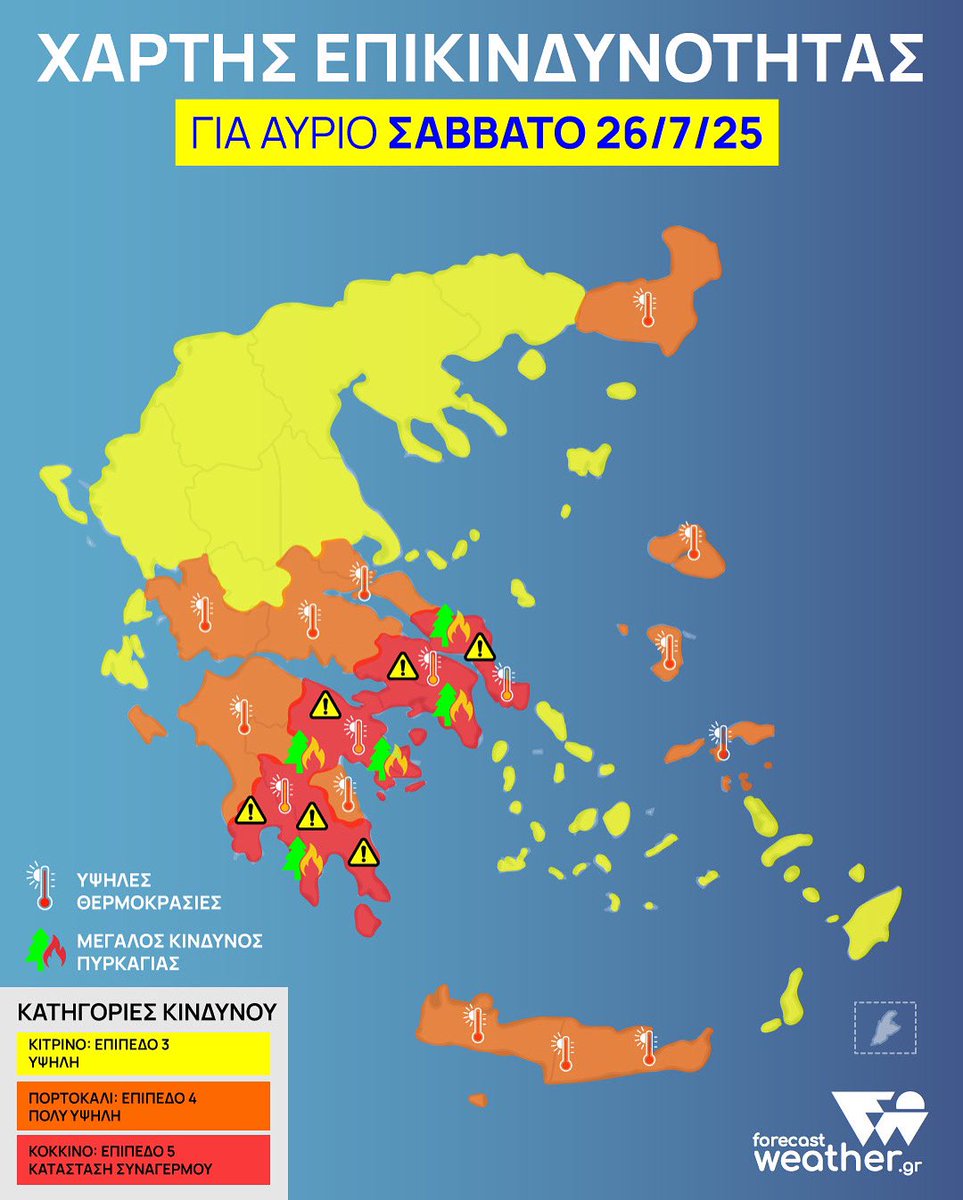 ForecastGreece's tweet image. ❗️⚠️Χάρτης #Επικινδυνότητας #Πυρκαγιάς ⚠️❗️
❗️❗️Ισχύει από 01:00 26/7 έως 01:00 277/2025
🔥⚠️ Πολύ #υψηλός #κίνδυνος #πυρκαγιάς
❗️Κατηγορίες κινδύνου
❗️3🟡 4🟠 5🔴