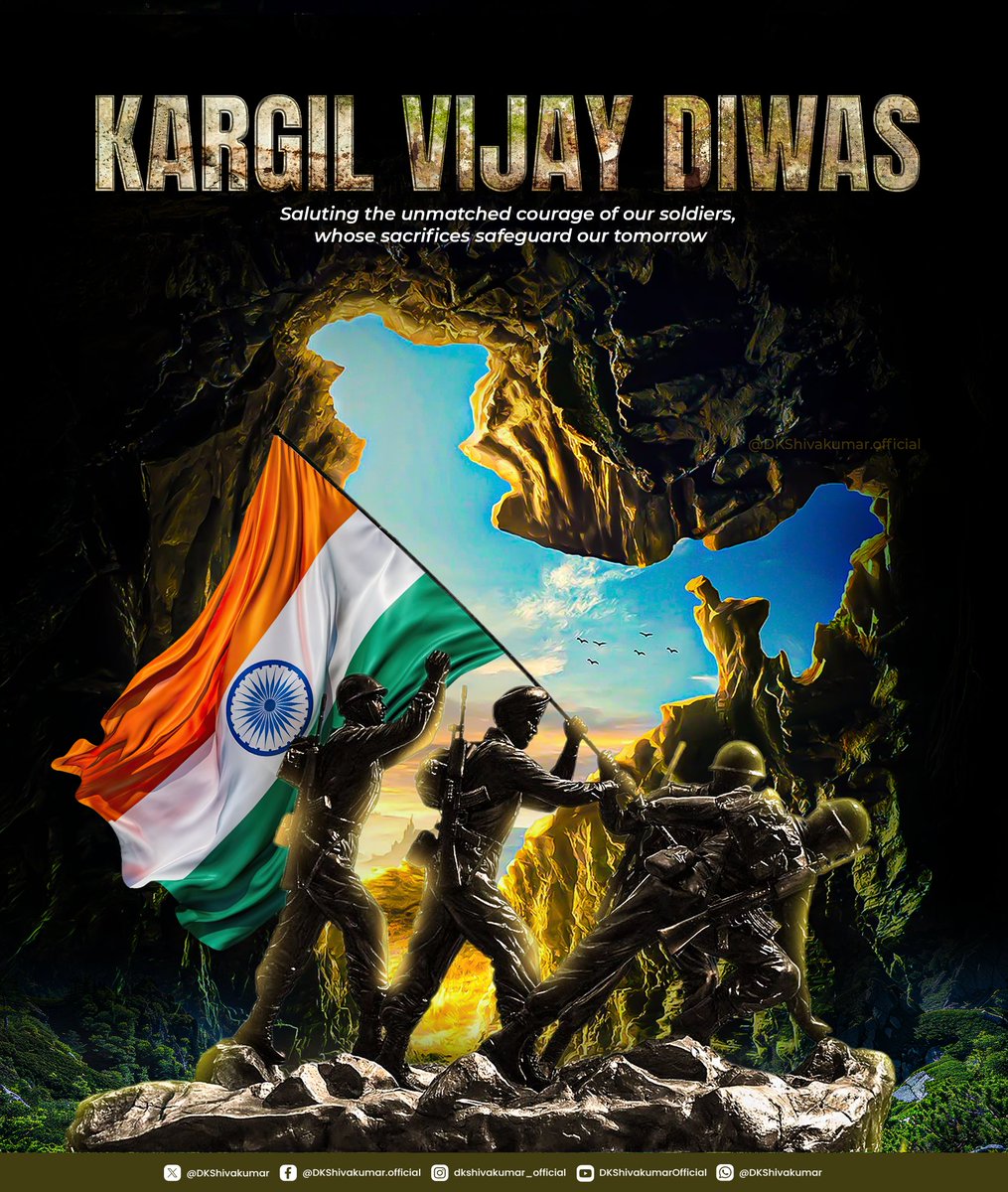 DKShivakumar's tweet image. A story of courage. A legacy of valour.
On #KargilVijayDiwas, I offer my heartfelt tribute to the bravehearts who made the ultimate sacrifice in Kargil, so our tricolour could fly high and free. Let us honour their legacy with gratitude in our hearts and pride in every step we…