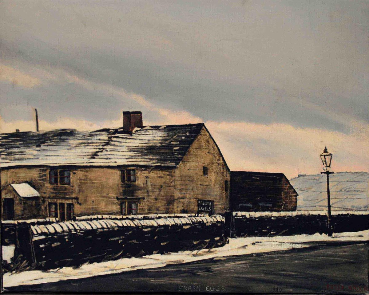 PennineThe's tweet image. The subject of ‘Fresh Eggs’ is a winter’s afternoon, dusk already descending on the traditional stone farm, while the patches of snow still catch the last of the light. Typical of Peter Brook, it is the roadside sign to which he draws our attention. (From @ACArtGallery’s archive)