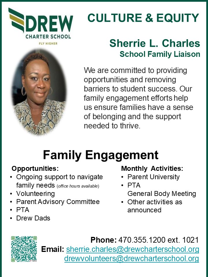 Drew families, it's been a GREAT first week! Here's how to connect with Ms. Sherrie Charles, our family liaison, during Virtual Support Center hours or all year long!
Support Center Hours/Login
Today 12:30-2:30 &amp; Monday (7/28) 8-11 
Zoom ID: 658 735 0006
Passcode: 253647