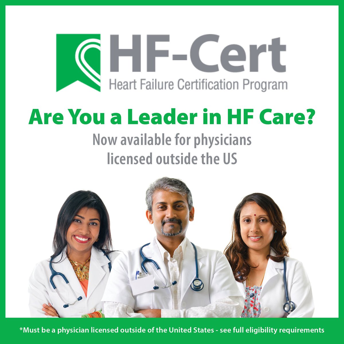 HFSA's tweet image. Now Global: HFSA Heart Failure Certification (HF-Cert) 🌍
Heart failure professionals around the world can now earn the respected HFSA HF-Cert, a credential that validates advanced expertise in heart failure care.
If you’re a physician licensed outside the U.S., this is your…