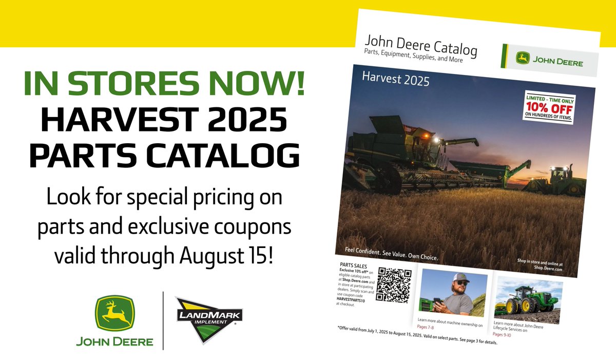 Need parts, attachments, and maintenance items for your machines? What about tools or supplies for your shop?

Get discounted prices on hundreds of items through August 15. View the Harvest 2025 Parts Catalog here: seasonalpartscatalog.deere.com/publication/?m…