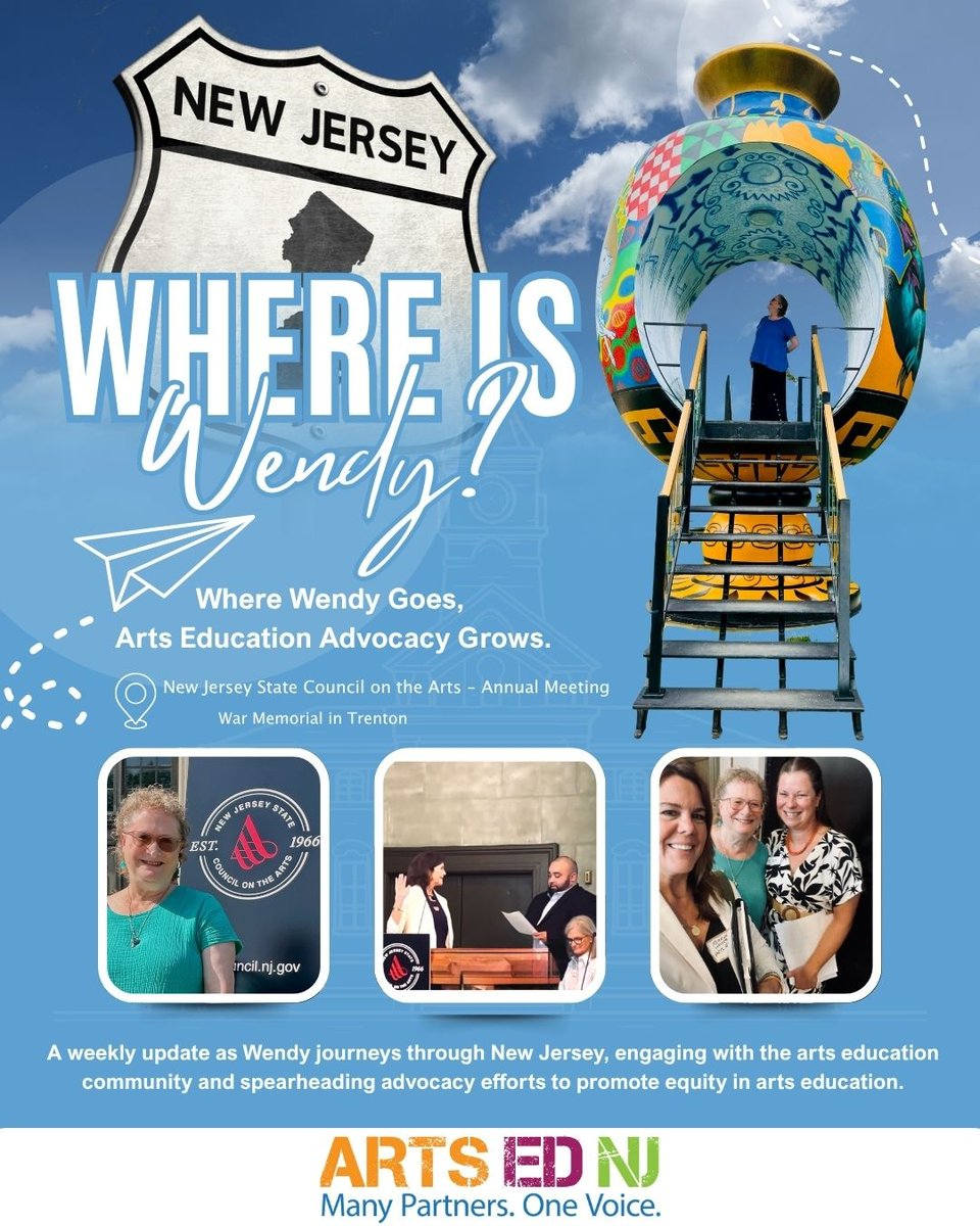 I am in Trenton this week, attending the NJSCA Annual Meeting.
"Where is Wendy?" This weekly update follows our Executive Director as she travels across New Jersey to meet, convene, teach, and facilitate within the arts education ecosystem.   #ArtsEdNJ