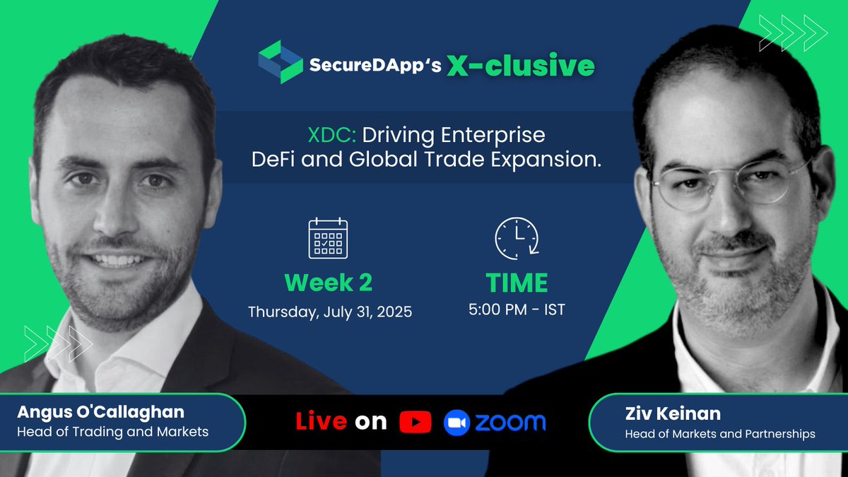 SecureDApp's X-clusive | Week 2
XDC: Driving Enterprise DeFi and Global Trade Expansion

As decentralized finance evolves, enterprise-grade adoption and cross-border trade remain critical focus areas. Join us for an insightful conversation with two distinguished leaders:

Angus