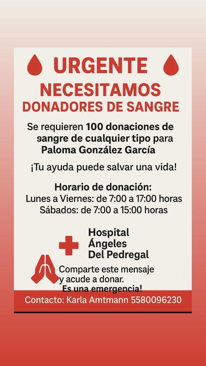 donaenvida's tweet image. #URGENTE #CDMX #Sangre de cualquier tipo para Paloma González García en el Hospital Ángeles Del Pedregal.
Contacta al: Karla Amtmann 5580096230