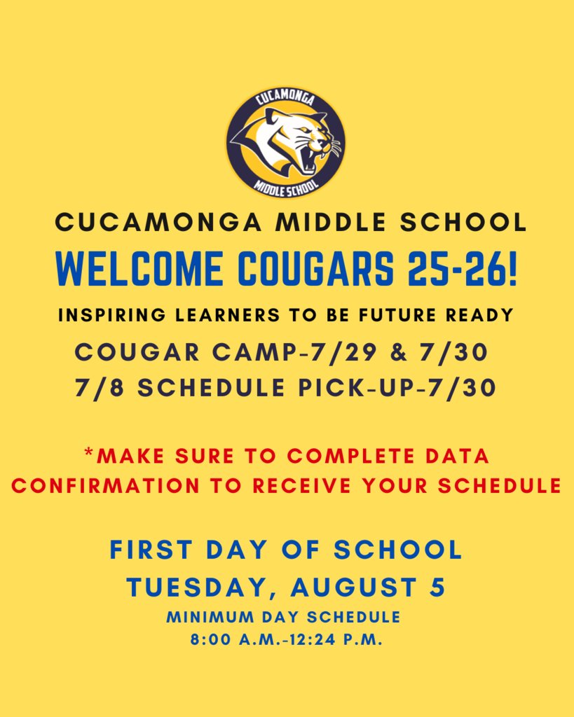 Enjoy your last full week of summer, Cougars!  We look forward to seeing you next week for Cougar Camp and schedule pick up!