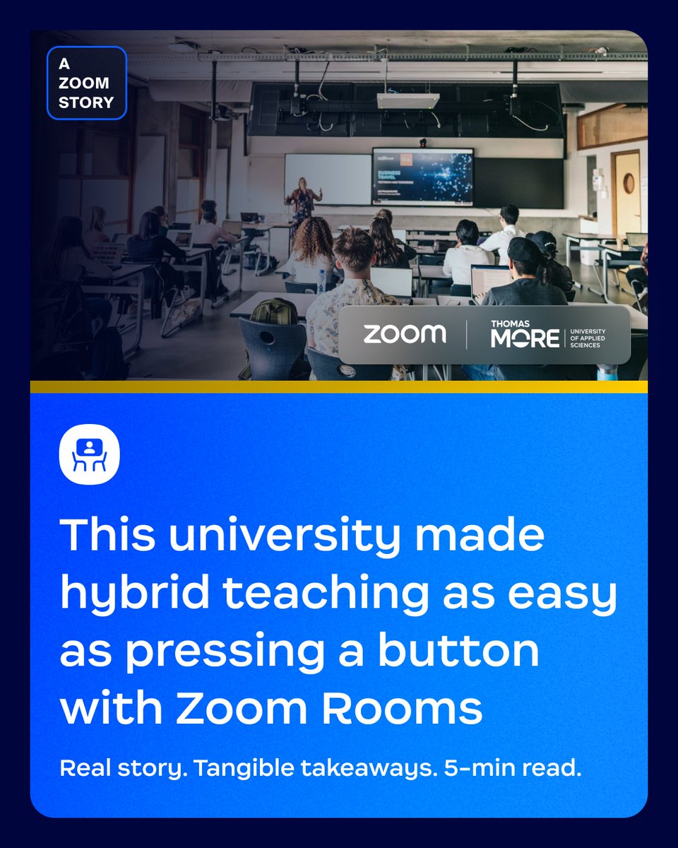 Zoom's tweet image. Fall term is coming faster than you think. Is your hybrid learning environment ready? 🎓
Thomas More University of Applied Sciences, a leading higher education institution in Belgium, made hybrid teaching seamless by deploying Zoom Workplace.
With Zoom Rooms, educators simply…