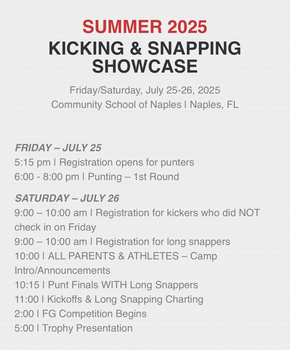 Brandon Kornblue (@kornbluekicking) on Twitter photo โ
Punters start tonight.
โ
Kickers & long snappers check in Saturday morning.
<a href="/KornblueKicking/">Brandon Kornblue</a> <a href="/KornblueSnappin/">Kornblue Snapping</a> โ
Punters start tonight.
โ
Kickers & long snappers check in Saturday morning.
<a href="/KornblueKicking/">Brandon Kornblue</a> <a href="/KornblueSnappin/">Kornblue Snapping</a>