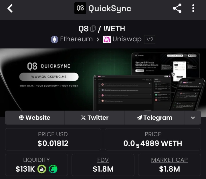 cryptoraiyan's tweet image. 🔒 $QS – quietly building the next evolution of the internet
Just 17 days old and sitting at a $1.8M MC this one’s flying under the radar..for now
With a solid team, active community, and smart early investors this feels like a future-forward play with serious upside
@Quick_Sync
