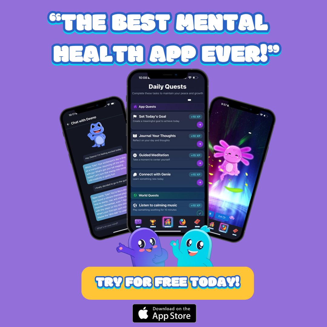 📲 Version 2.0 is live on the App Store 📲

Give our FREE TRIAL a go and explore our new features!
🟣 Daily Personalized Quests
🟣 2 New characters to chat with
🟣 Enhanced Goals, Meditation, &amp; Mood Journal Features

Next Stop: Android (soon)