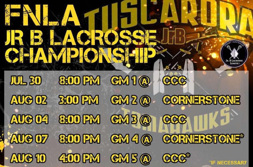 For the first time in team history the Junior Tomahawks are competing in the <a href="/FNJBLL/">First Nations Jr Lacrosse</a> Finals! 
Tuscarora will face the <a href="/SenecaWarChiefs/">Seneca WarChiefs</a> in a best-of five series.  #FNJBLL