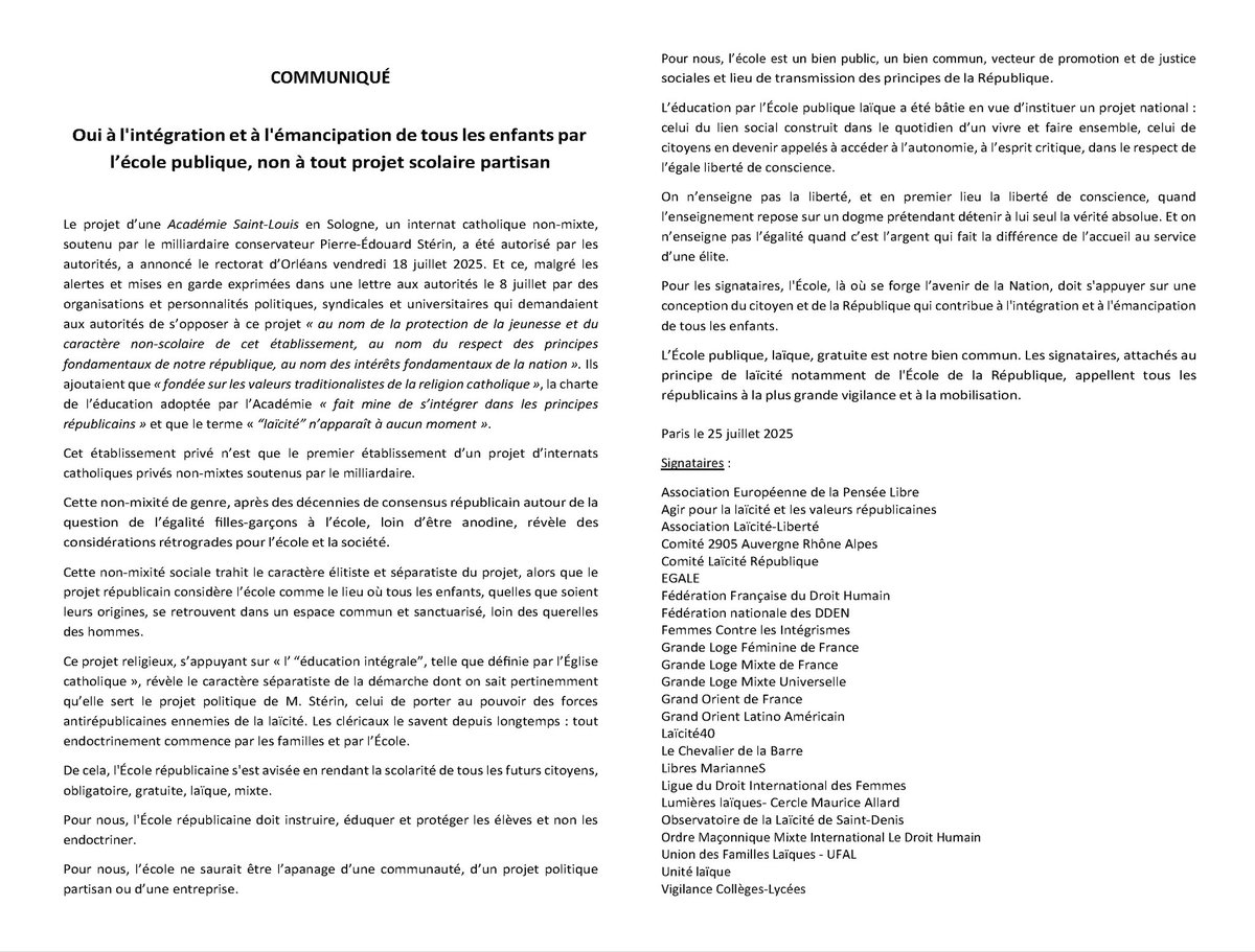 Brousson3's tweet image. Oui à l’émancipation de tous les enfants par l’école publique, la seule école libre de toute idéologie obscurantiste!