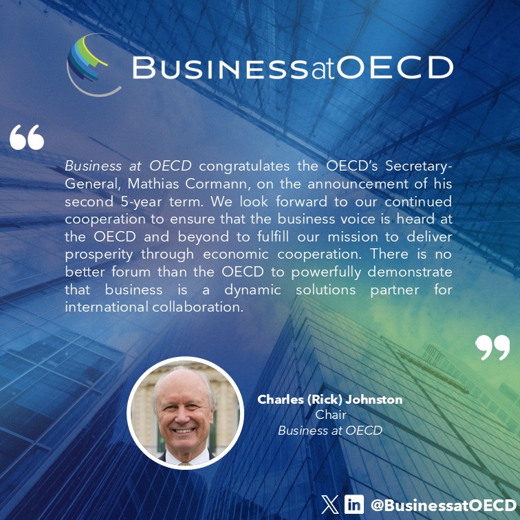 BusinessatOECD's tweet image. 📢 We extend our congratulations to the @OECD's SG @MathiasCormann for the announcement of his second term.
We look forward to continued cooperation to ensure the business voice is heard at the #OECD & beyond.
🔎 Read the #OECD's release here ➡️ oecd.org/en/about/news/…