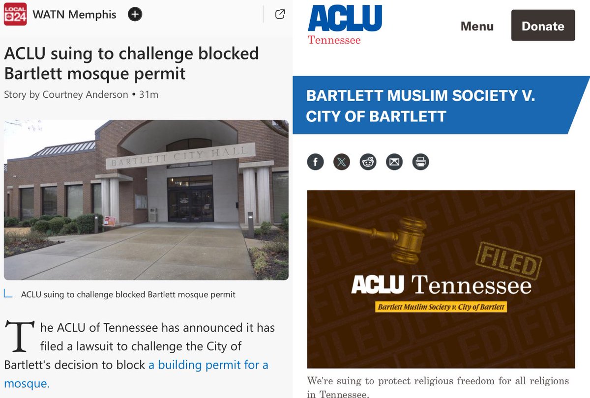 MemphisHoller's tweet image. BARTLETT, TN — @aclutn is suing to challenge the city’s 5-1 vote to block a permit for the building of a Mosque.
"A clear case of interference with religious freedoms cloaked in bureaucratic language.”
live-aclu-tennessee.pantheonsite.io/en/cases/bartl…