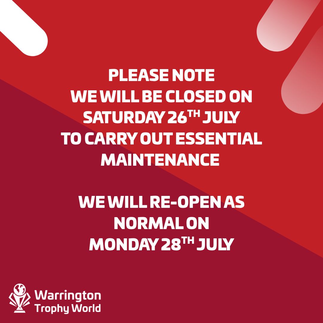 Warrtrophyworld's tweet photo. We will be closed on Saturday 25th July to carry out essential maintenance.

🔧 This work is important to help us continue providing the best service possible.

We’ll reopen as normal on Monday 28th July.
Thanks for your understanding! https://t.co/GYEyEJFLXO