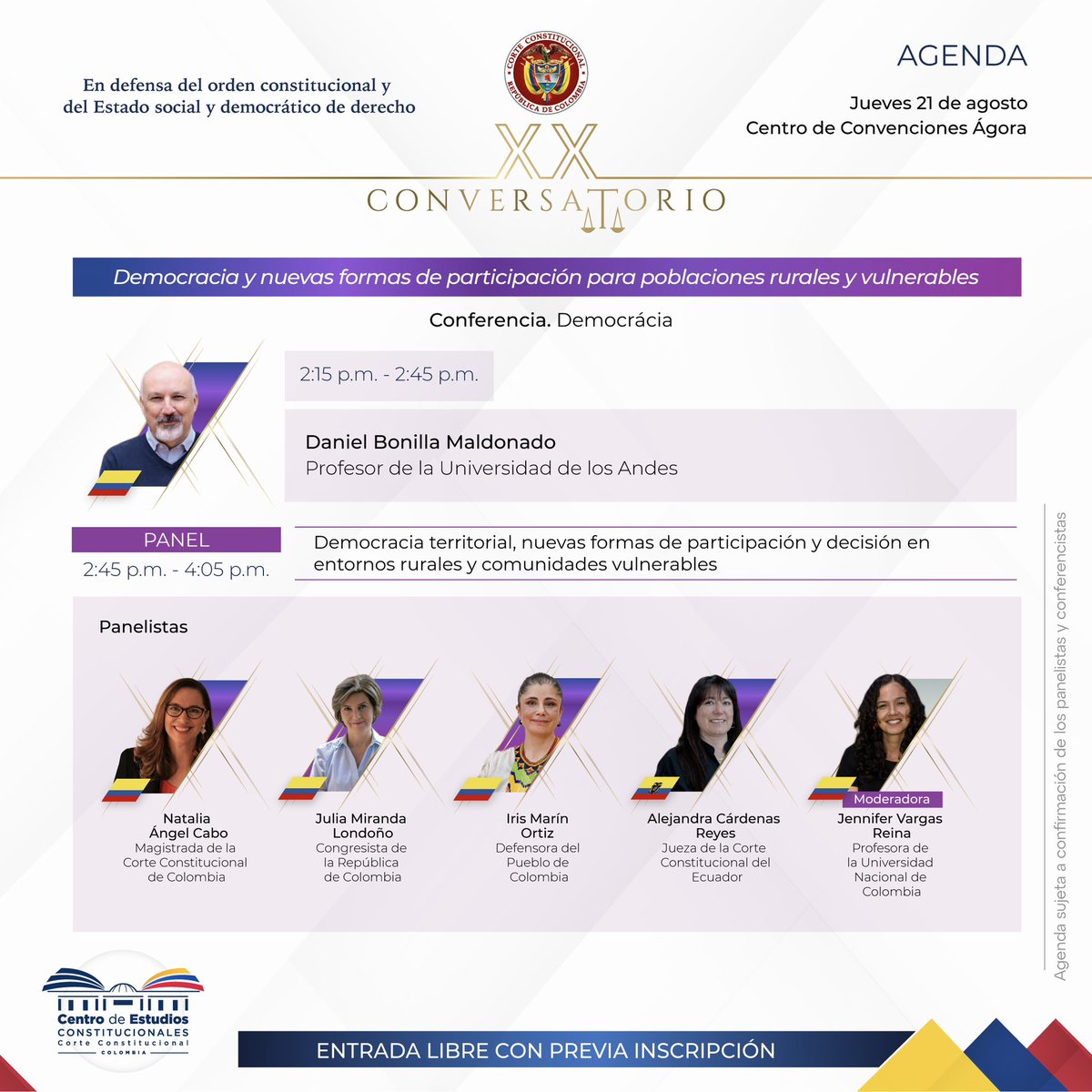CConstitucional's tweet image. Así será el desarrollo del segundo bloque del #XXConversatorio
Entrada libre (sin ningún costo)➡️ eventos.corteconstitucional.gov.co/#/XX-Conversat…
Temática: Democracia territorial, nuevas formas de participación y decisión en entornos rurales y comunidades
📆21 y 22 agosto/25
📍
Ágora - Bogotá, D.C.