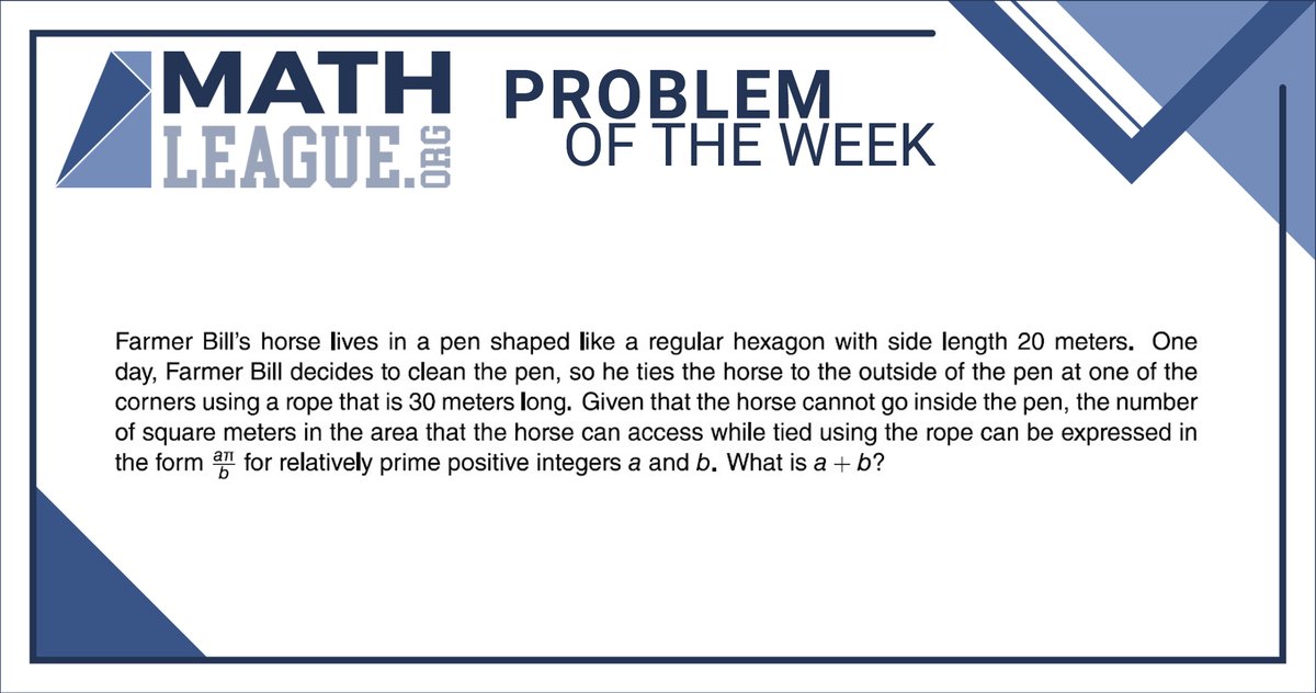 Here is our #middleschool #mathproblemoftheweek for July 26. Please give the problem a try: submit your answer at bit.ly/mathleaguepotw, and you could win a #prize!

Check back in a few days to see a video explanation of this problem. #mathcompetition #math #mathleague