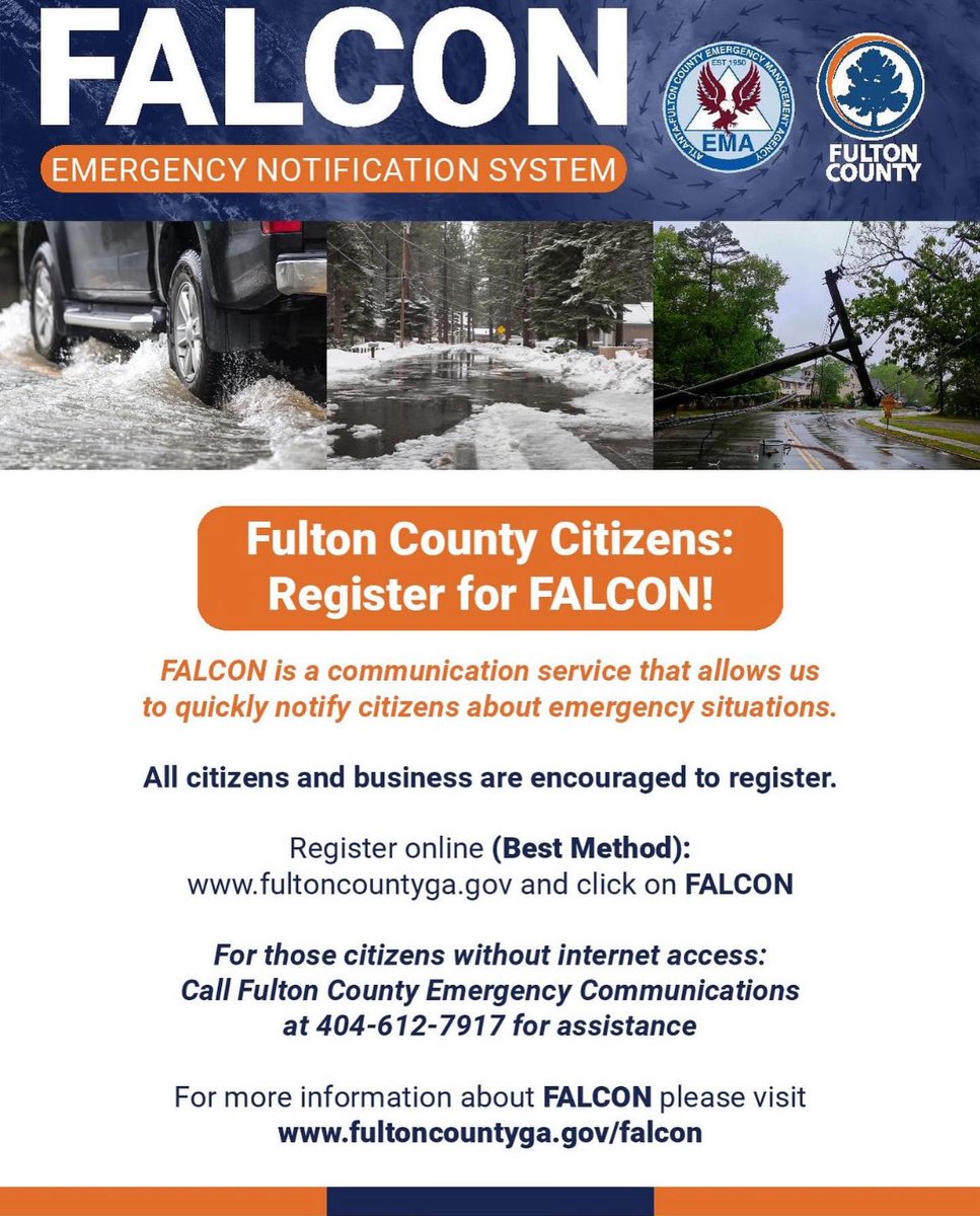 AFCEMA's tweet image. Do your reside or have a business in Fulton County and interested in receiving emergency notifications?
Then register for the FALCON notification system by visiting:
fultoncountyga.gov/falcon