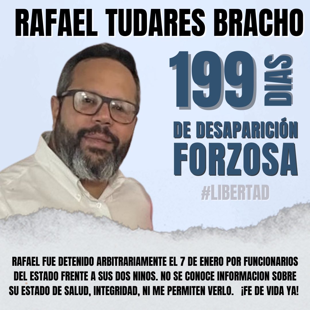 MarianaGTudares's tweet image. En 199 días: autoridades del Estado venezolano secuestraron a mi esposo Rafael Tudares Bracho en presencia de nuestros niños, lo mantienen desparecido, niegan comunicación e información sobre su vida e integridad, y le abren un inconstitucional juicio penal sin fundamento alguno.