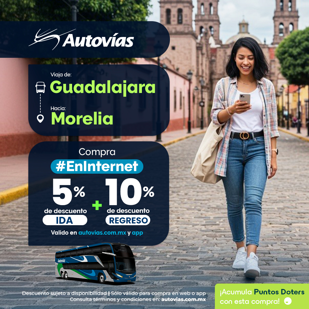 🚌 Viaja de Guadalajara hacia Morelia con Autovías.
Conoce nuestros horarios y compra tu boleto #EnInternet con descuento en viaje redondo.

📱App Autovías | 💻hubs.ly/Q03yZb6_0