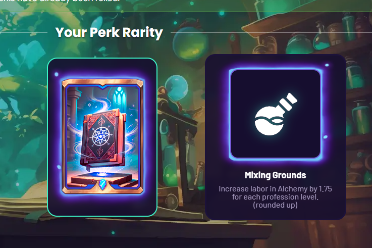 dimonachi's tweet image. I bought a new medium land in one of the cool games on immutable - @RavenQuestGame
And these are the perks and rarity I got. Rare rarity and Mixing Grounds for alchemy buff, but I don't know whether to keep it or reroll it. What do you think?