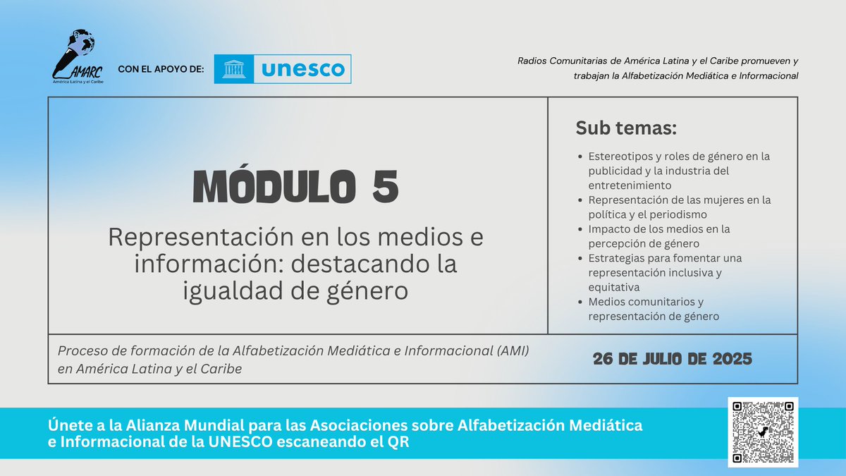 AMARC ALC (@amarcalc) on Twitter photo #AMI | 🤔¿Cómo influyen los medios de comunicación en la percepción de género? En este módulo analizaremos publicidad, entretenimiento y periodismo para identificar estereotipos y proponer estrategias que impulsen representaciones inclusivas y equitativas.🎙📻
<a href="/UNESCO_es/">UNESCO en español 🏛️#Educación #Ciencia #Cultura</a> #AMI | 🤔¿Cómo influyen los medios de comunicación en la percepción de género? En este módulo analizaremos publicidad, entretenimiento y periodismo para identificar estereotipos y proponer estrategias que impulsen representaciones inclusivas y equitativas.🎙📻
<a href="/UNESCO_es/">UNESCO en español 🏛️#Educación #Ciencia #Cultura</a>