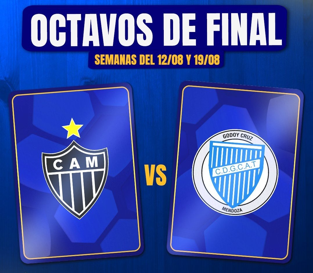 #GodoyCruz 
Hay fechas para la serie de octavos se final entre el Tomba y Atlético Mineiro 🇧🇷
➡️Ida: jueves 14 de agosto a las 19, en Belo Horizonte.
➡️Vuelta: jueves 21 de agosto a las 19, en Mendoza.