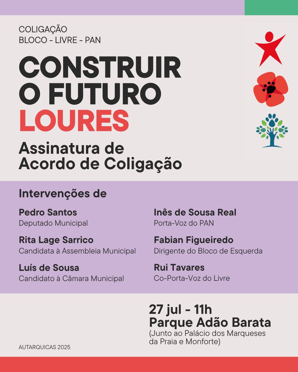 Em Loures, há uma nova alternativa. E ela começa agora!

Este domingo, 27 de julho, às 11h, no Parque Adão Barata , formalizamos a coligação CONSTRUIR O FUTURO: uma aliança entre o Bloco de Esquerda, o LIVRE e o PAN, feita com convicção, coragem e compromisso com o bem comum.