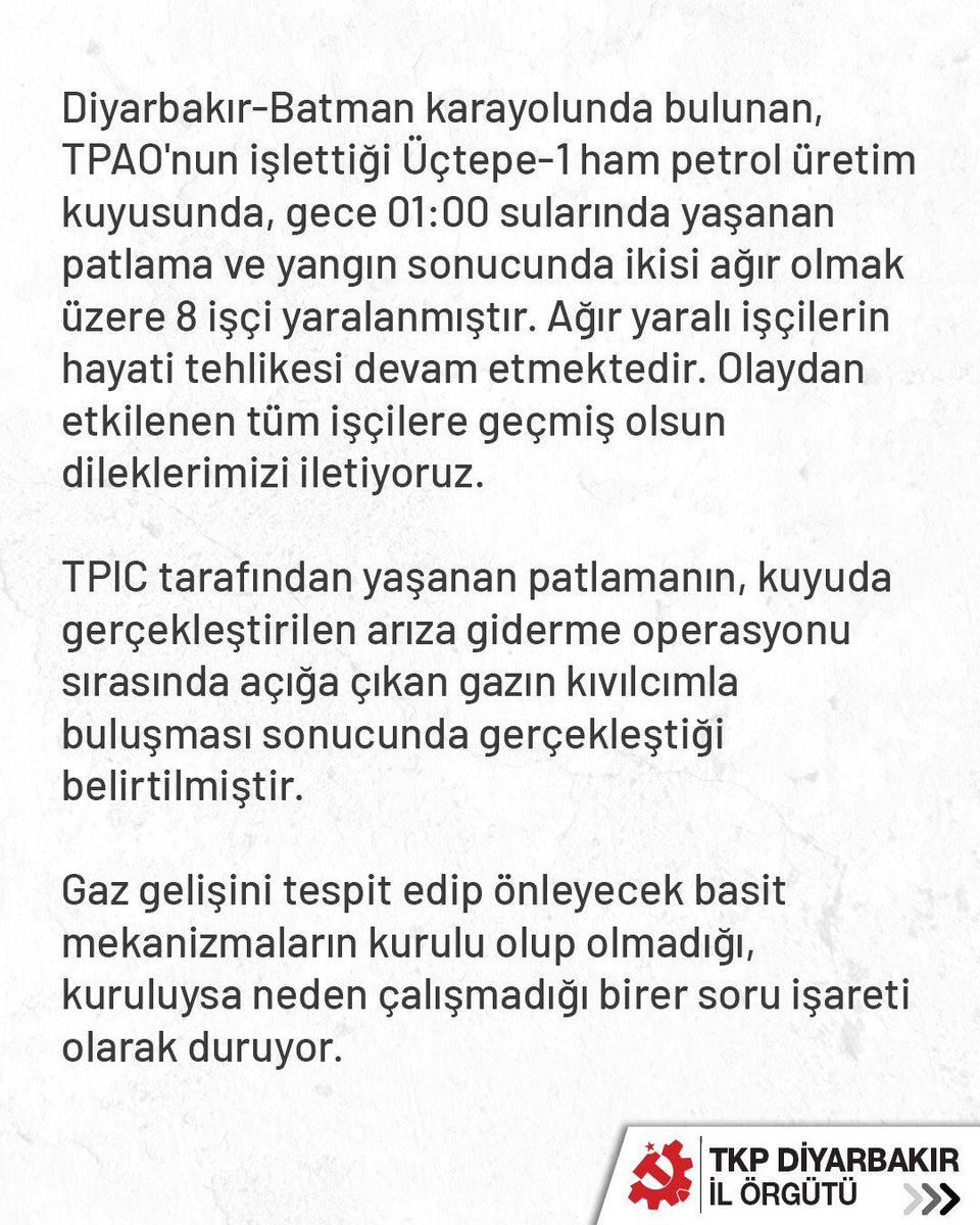 diyarbakir_tkp's tweet image. Taşeronlaştırma ve holdinglerin kâr hırsı bu kez de TPAO Petrol Kuyusunda çalışan işçilerin canına kastetti!