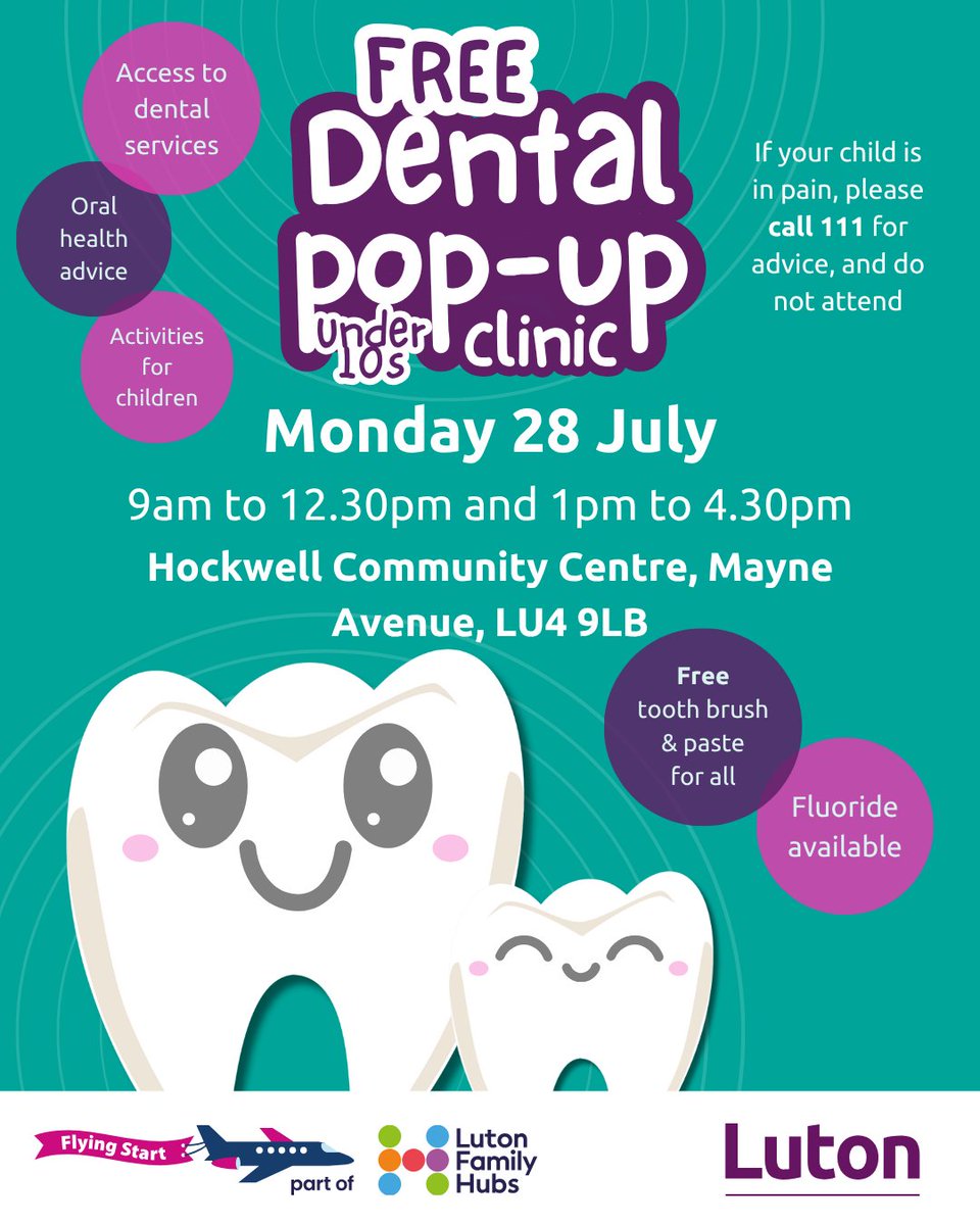 CDS_CIC's tweet image. We are hosting a FREE under 10s dental pop-up clinic in Luton on Monday 28th July! 🦷
Come a visit us on the day for a free dental check-up. We hope to see you there! 🪥💚
@lutoncouncil
#WeAreMakingADifference #CommunityDentistry