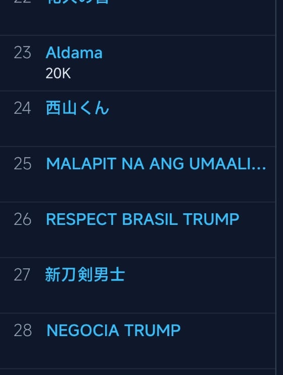 Aparecemos nos assuntos do mundo no tópico do Twitter. Esse é o objetivo. Não vamos parar. Denunciem a família Bolsonaro para o mundo e o imperialismo do Trump:

RESPECT BRASIL TRUMP 
RESPEITA O BRASIL TRUMP 
NEGOCIA TRUMP
EDUARDO BOLSONARO TERRORISTA