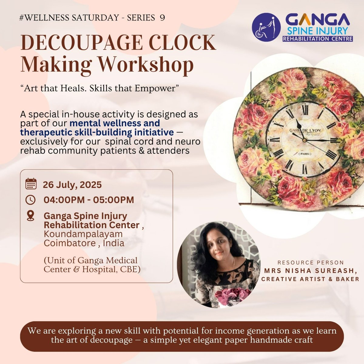 GangaSpine's tweet photo. Coming up this Saturday!
#WellnessSaturday Series 9: Decoupage Clock Making Workshop at Ganga Spine Injury Rehab 🌟

A creative &amp; calming art session led by Mrs. Nisha Sureash for our spinal cord &amp; neuro rehab warriors.

#HealingThroughArt #GangaSpineInjuryFoundation #ArtTherapy https://t.co/QLUlFqSbbq