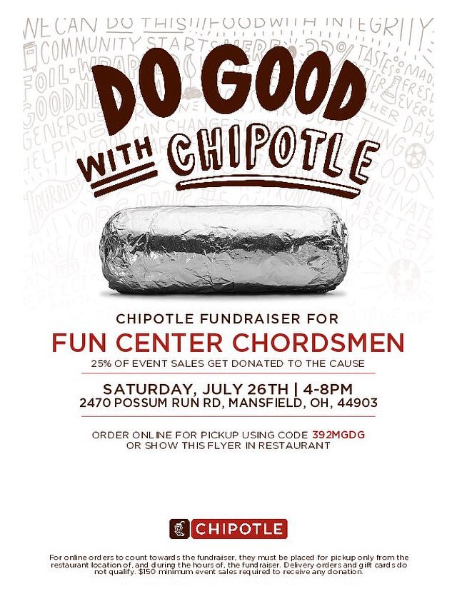 FunCenterChords's tweet image. Mansfield area friends/supporters! Please consider having dinner out tomorrow night and show your support of the Chordsmen by heading to Chipotle on Possum Run Road and show this flyer when placing your order! Share this post!! Thank you in advance!!
