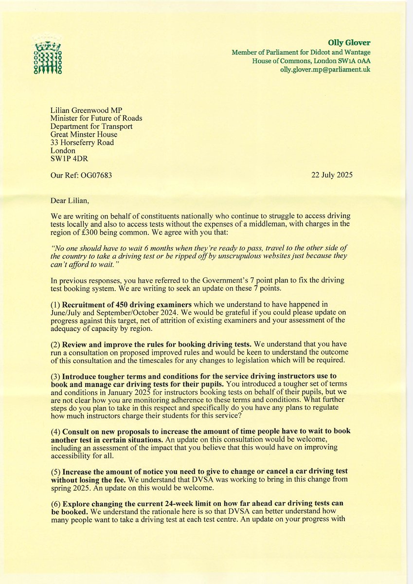 PaulKohlerSW19's tweet image. It’s unacceptable that learners ready to pass can’t access a local driving test.
I’ve joined colleagues in asking for an update from @LilianGreenwood on how the Government are delivering on fixing the broken booking system & who is accountable if targets aren’t met.