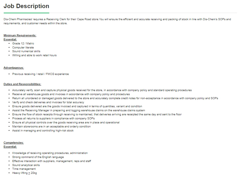 HunterSpani's tweet image. Job Alert!!!
Company: Dis-Chem Pharmacies
Position: Receiving Clerk
Location: Gqeberha, Eastern Cape
Click here to apply: spanihunter.co.za/single-job/?id…
Closing Date: 06 August 2025
Please refer to the picture for more info