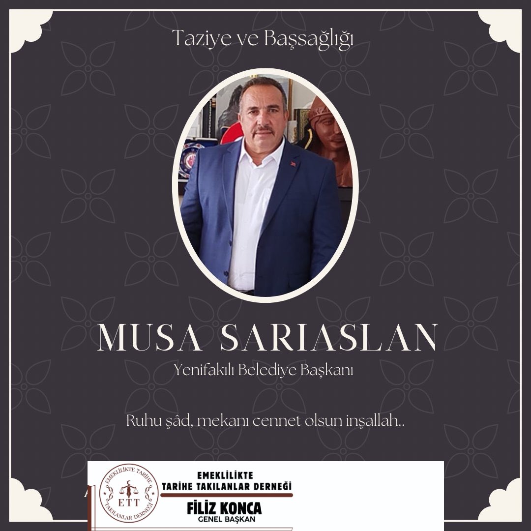 Yenifakılı Belediye Başkanı Sayın Musa Sarıaslan’ın elim bir trafik kazası sonucu vefat ettiğini derin bir üzüntüyle öğrenmiş bulunmaktayız.

Merhumun cenazesi,
📅 26 Temmuz 2025 Cumartesi günü
🕛 Öğle namazına müteakip
📍 Yenifakılı Çarşı Camii’nden kaldırılarak Yenifakılı