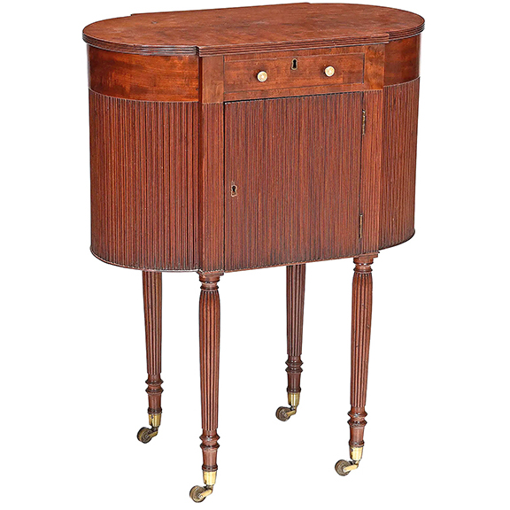 AntiqueDigest's tweet photo. 1806-11 Duncan Phyfe mahogany worktable, 30½" x 23¼" x 12¾", with fitted interior & original ivory pulls sold for $73,800 (e $10,000/15,000) at @BrunkAuctions It has a “D. Phyfe’s Cabinet Warehouse No. 35 Partition Street, New York” label https://t.co/XpqTtoLS2K #antiques #Phyfe https://t.co/uBjQNdvOsZ