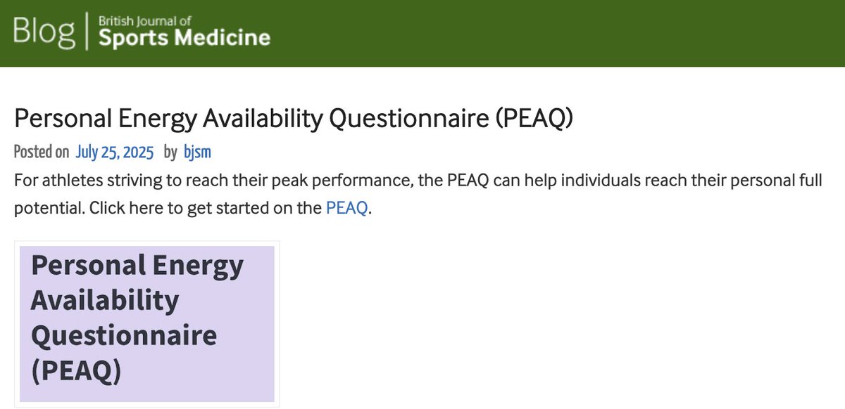 drnickykeay's tweet image. Personal Energy Availability Questionnaire (PEAQ) is a free web based app for all ages and levels of exercisers #athletes #dancers based on published research to assess #nutrition #hormones #health mypeaq.streamlit.app Read more @bjsm blogs.bmj.com/bjsm/2025/07/2…