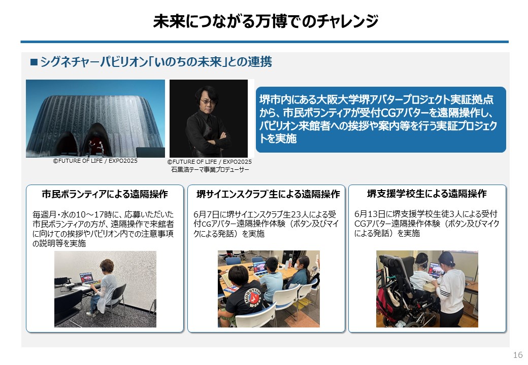 nagafujihideki's tweet image. 大阪・関西万博のパビリオン「いのちの未来」。大阪大学・石黒教授がプロデュースする同パビリオンでは、来場者へのご案内の一部を堺市から市民の皆さんが遠隔で行っています(!)。ご来場の際は入口の画面に映るCGアバターにもご注目ください😉
◆堺アバタープロジェクト city.sakai.lg.jp/shisei/toshi/s…
