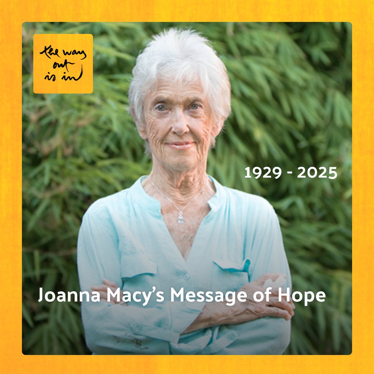 plumvillageapp's tweet photo. In memory of Joanna Macy (1929 -2025), who passed away on July 19th, we republished episode 12 of #TheWayOutIsIn with an introduction by Jo Confino 🙏🏾
Find out more 👉🏾 https://t.co/WH6PoCzyXc
On the #PlumVillageApp 👉🏾 podcasts
#Buddhism #systemstheory #deepecology #peace https://t.co/0KrB6eP1vy